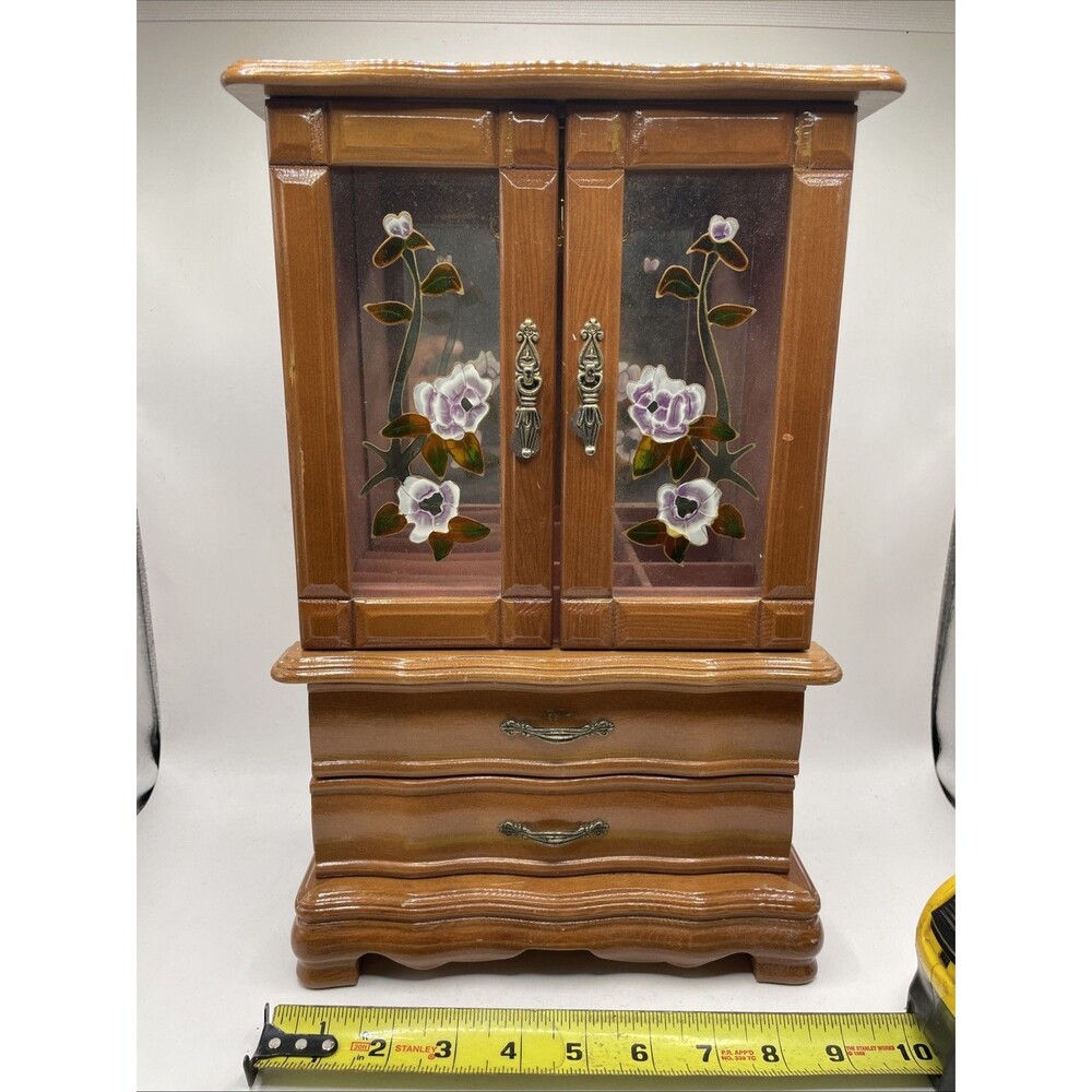 Vintage Wooden Jewelry Box Armoire Cabinet Carousel Faux Stained Glass Floral